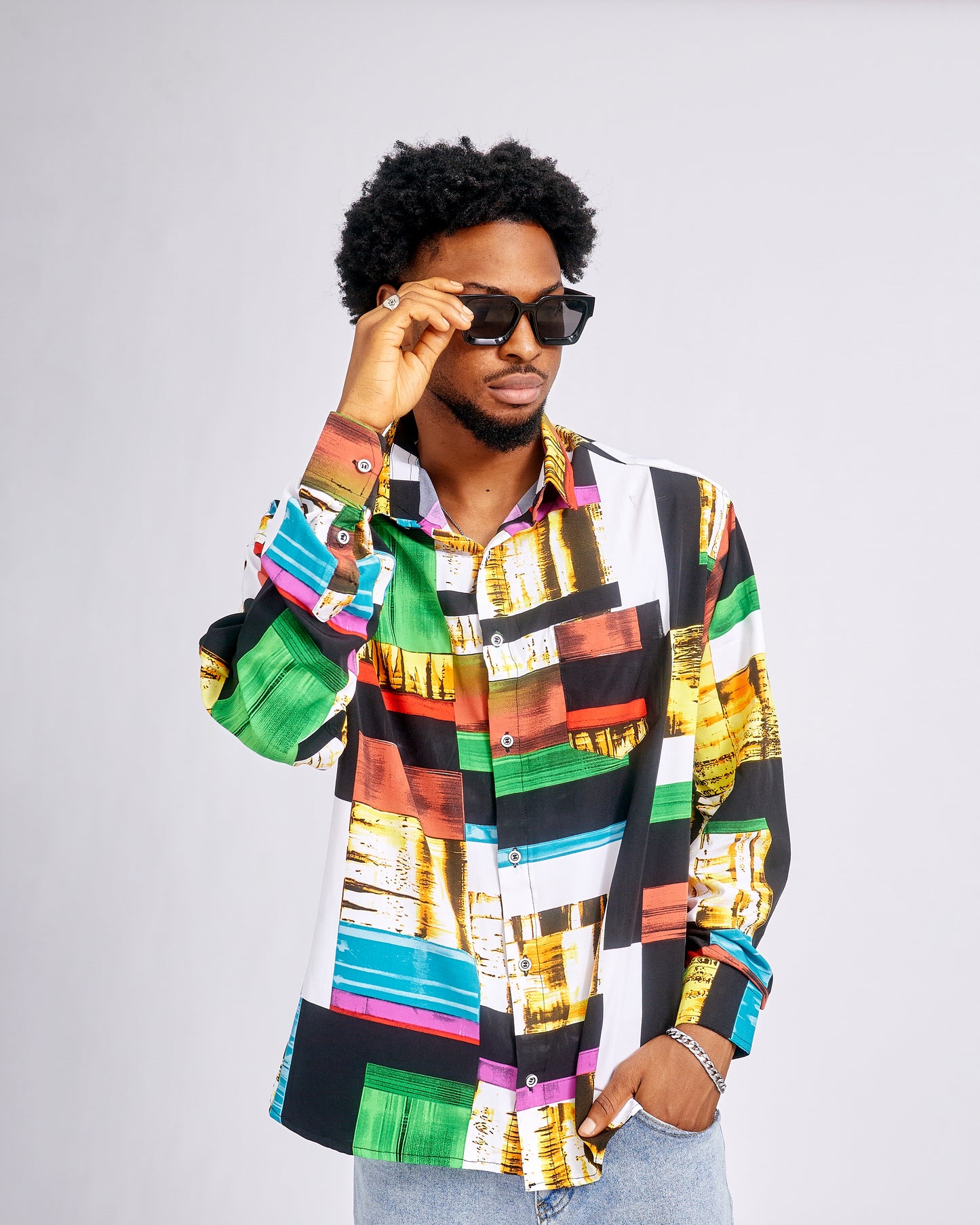 Lightweight Green Long Sleeve Shirt & Vintage Faded Denim