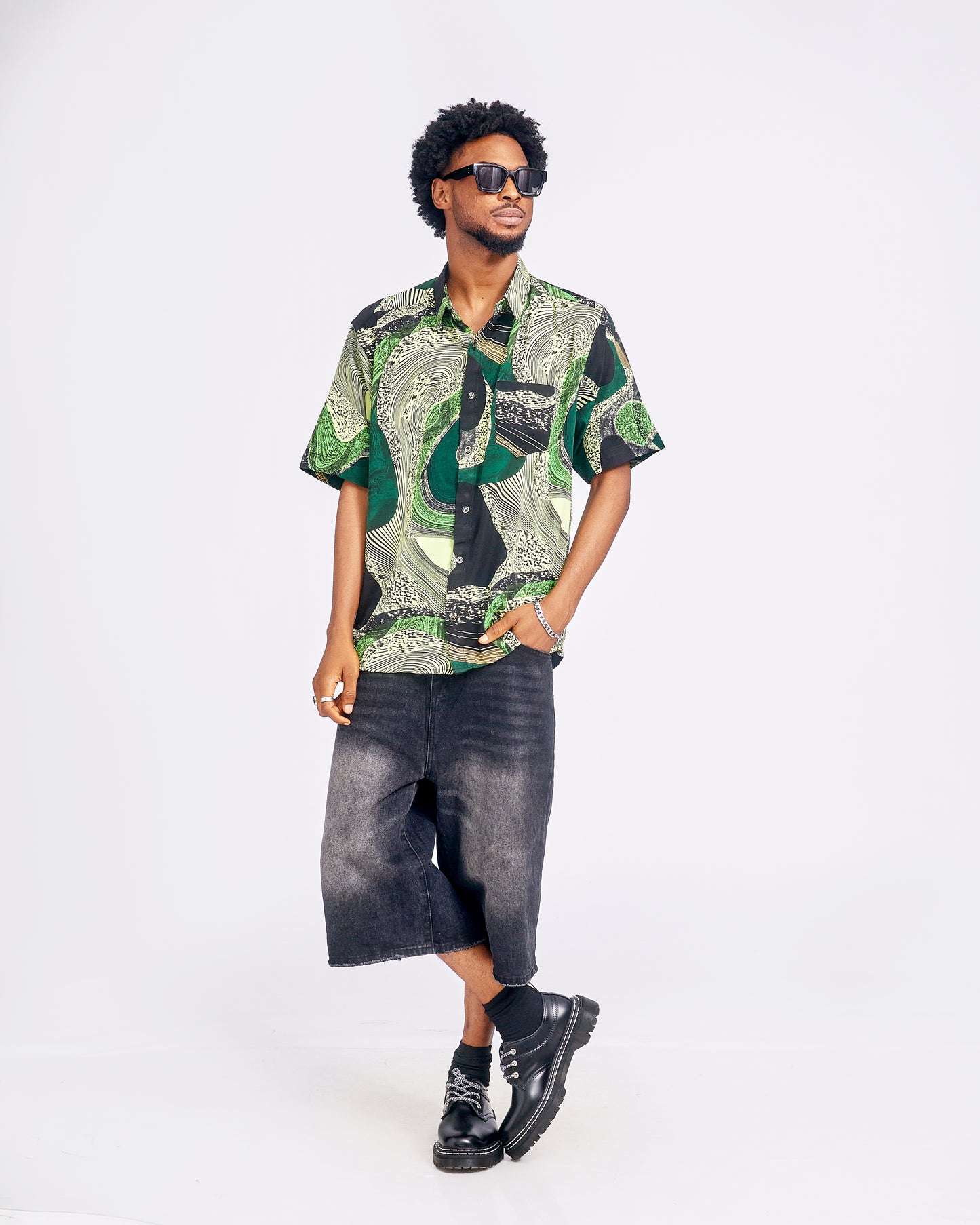 Deep Green Top & Relaxed Baggy Denim Shorts