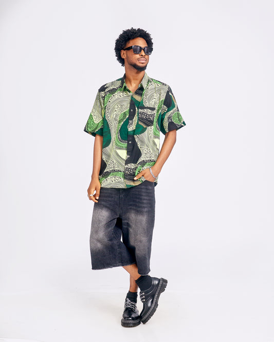 Deep Green Top & Relaxed Baggy Denim Shorts