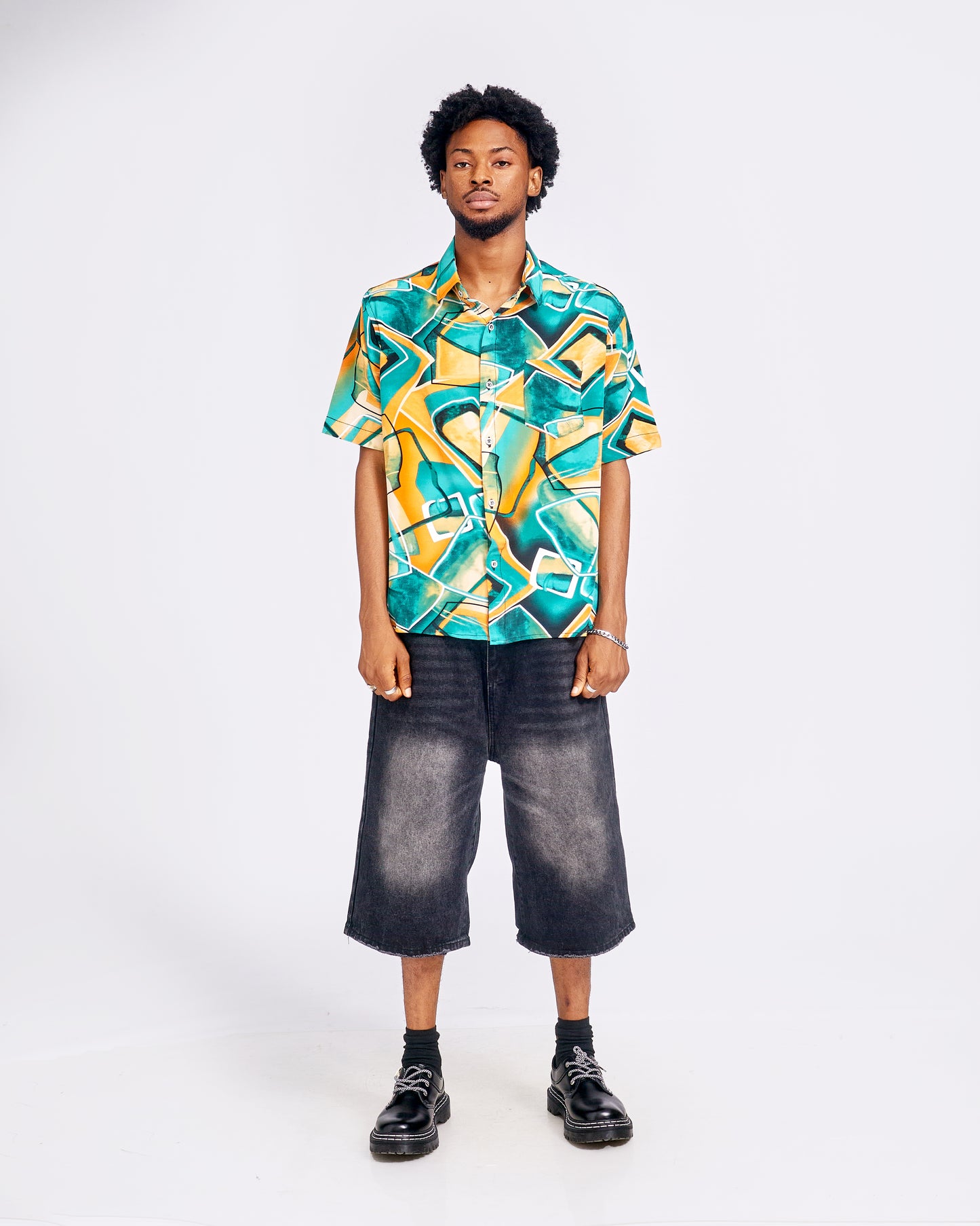 Green & Yellow Short Sleeve Top & Relaxed Baggy Denim Shorts