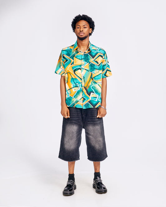 Green & Yellow Short Sleeve Top & Relaxed Baggy Denim Shorts