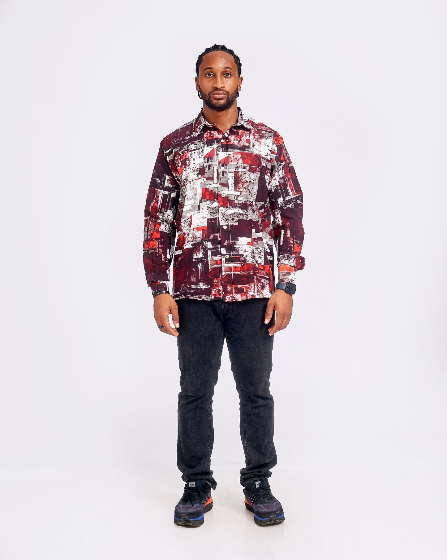 Multi-Tone Brown/Red-Orange Top & Clean Straight Jeans